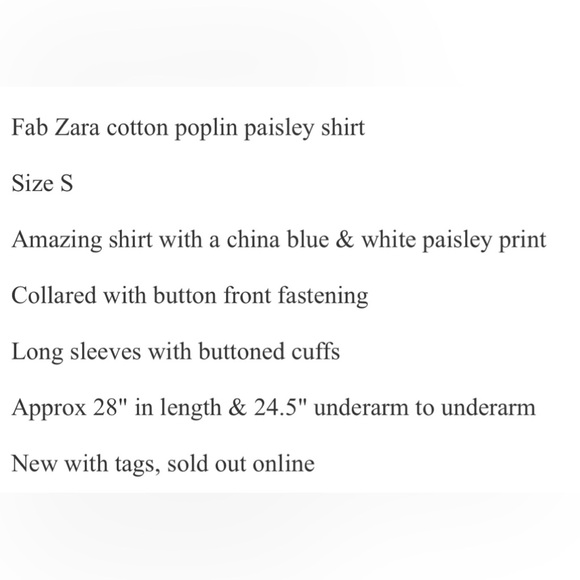 Zara Blue Floral Paisley Poplin Button Front Shirt | Long  Sleeves | Small | New - Picture 12 of 14